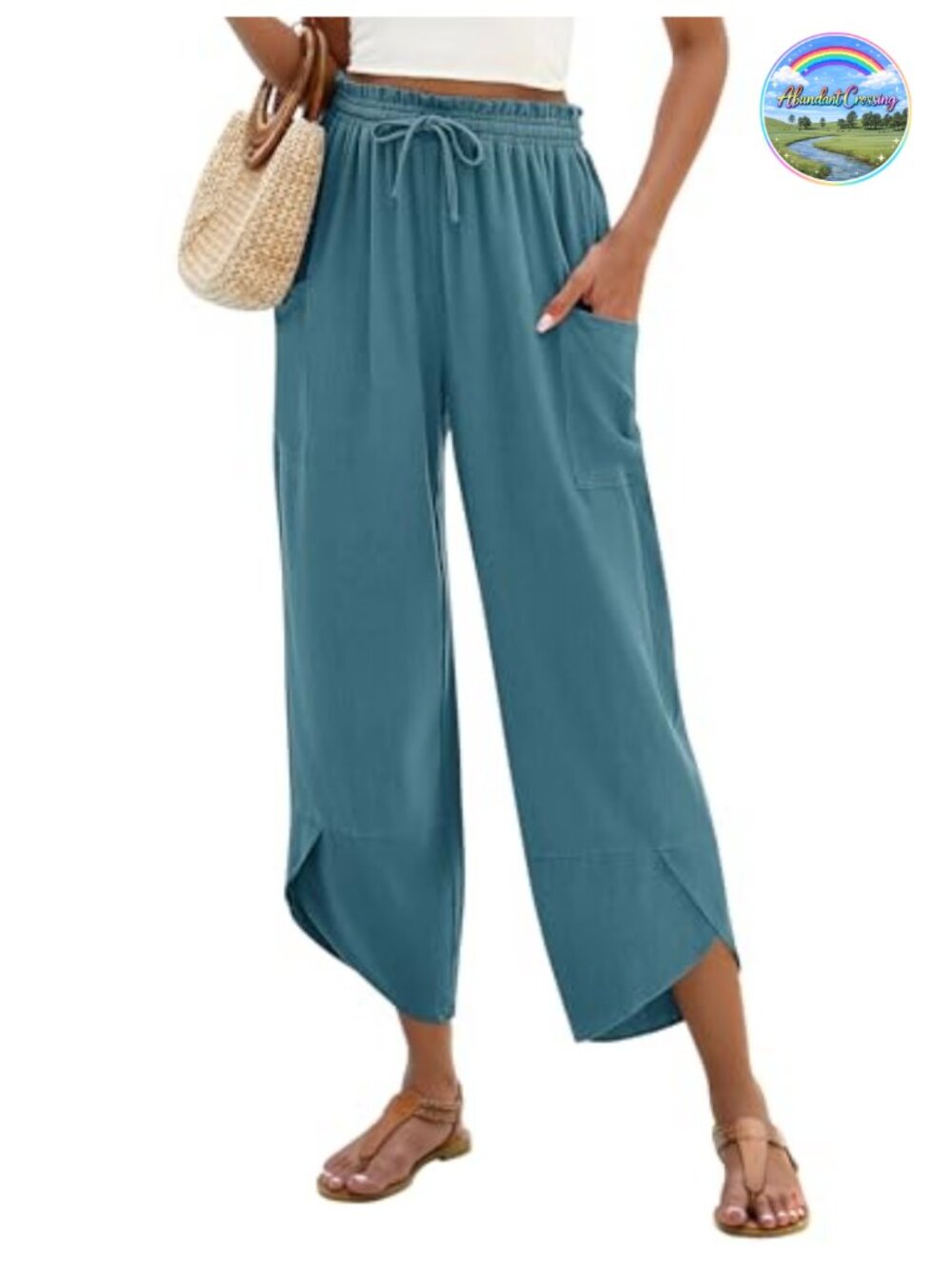 Linen Rayon Wide Leg Harem Pants with Pockets Summer Boho Capri Palazzo